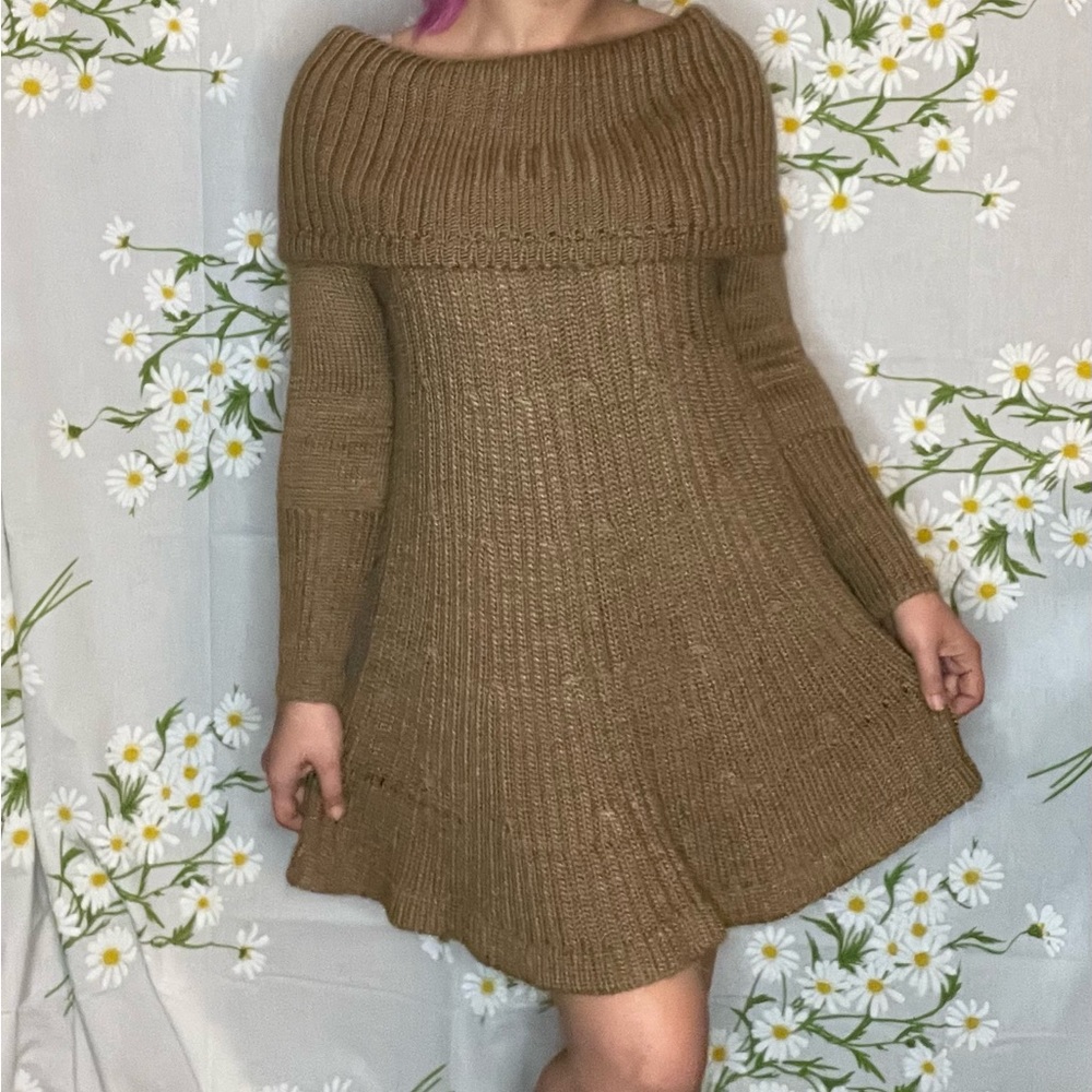 Anthropologie Shae wool brown off shoulder long sleeve flare hem sweater dress - Picture 2 of 7
